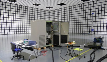 Photo: Experiment for development of EMC testing methods in an electromagnetic wave anechoic chamber