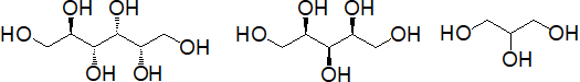 D-ソルビトール（左）、キシリトール（中央）、グリセロール（右）の化学構造図