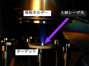 レーザ蒸着法のレーザ成膜の実際の様子の写真