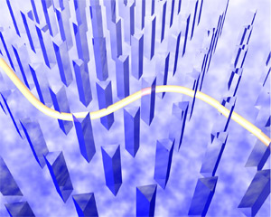 ２次元フォトニック結晶に、ゆっくりとした誘電率の空間的変化を加えると、その方向と垂直に光線がずれる説明図