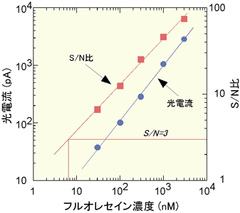 マイクロ蛍光検出センサの光電流およびS/N比のフルオレセイン濃度依存性の図