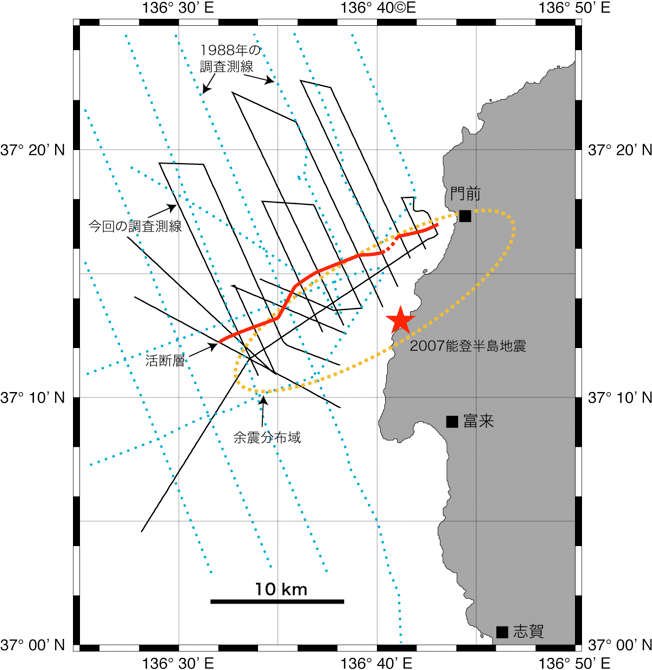今回の音波探査の測線と断層位置及び1988年の音波探査測線の図