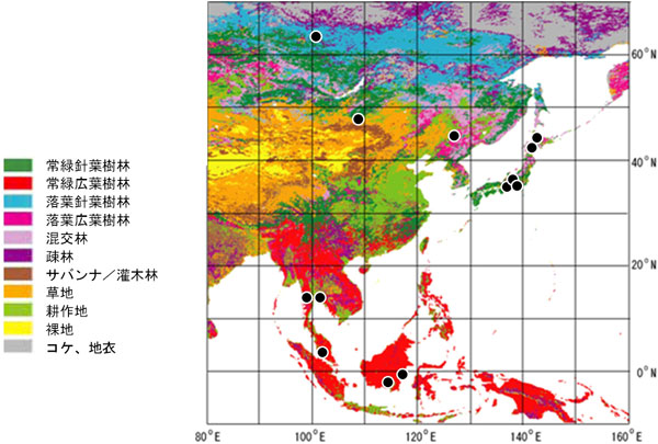 本研究対象の森林観測地点分布と土地分類図