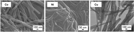 コバルト、ニッケル、銅錯体タイプ有機ナノチューブの走査電子顕微鏡像