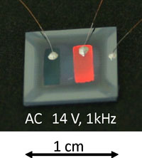 今回作製したペロブスカイト型酸化物を用いた無機EL素子の発光の写真