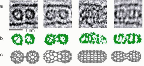 C60フラーレン分子の変化を捉えた電子顕微鏡像、分子のコントラストを強調した画像、分子のモデル構造図