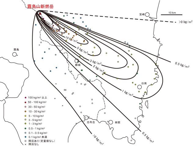 霧島山新燃岳噴火　1月26日～27日の噴出物の等重量線の図