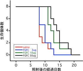 FGFCを腹腔内投与し、その24時間後に 8 グレイ（Gy）のX線を全身照射したマウスの生存曲線図