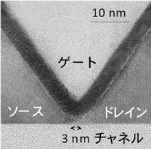 試作したチャネル長3 nmのトランジスタの電子顕微鏡像の写真