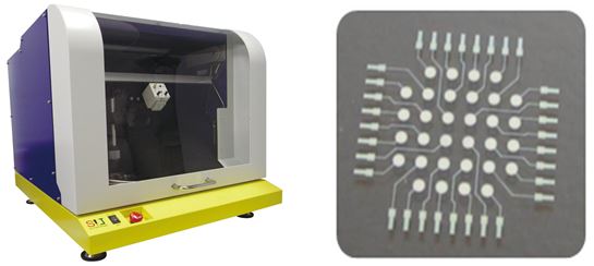 超微細インクジェット描画装置と描画例の写真