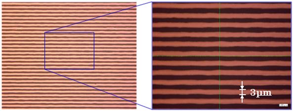 本技術による成果（線幅3μm、ピッチ6μm）の写真