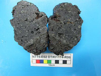 N-6地点において採取されたかんらん石、輝石、斜長石が含まれる溶岩試料の写真