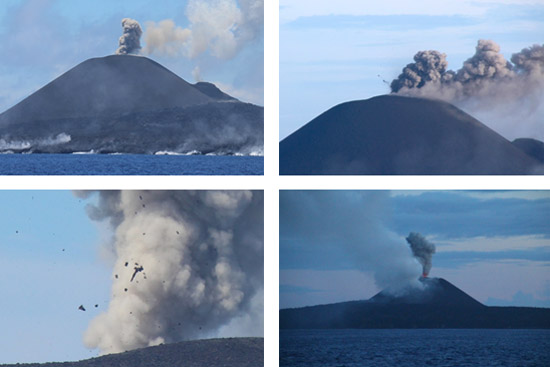 繰り返し勢い良く噴煙を上げるストロンボリ式噴火、噴火に伴う濃褐色噴煙と弾道放出物、弾道放出物の拡大、南西から撮影した夕暮れ時の噴煙の写真