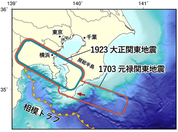 1923年大正関東地震（緑枠）と1703年元禄関東地震（赤枠）の震源域の概要図