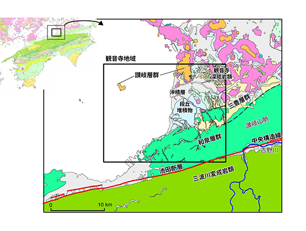 観音寺地域の位置と周辺の地質概要(上)の図