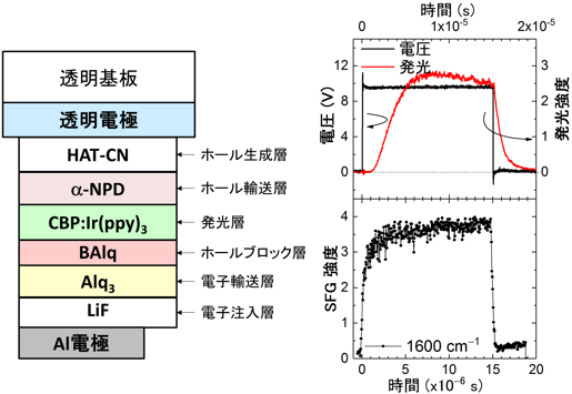 図1 多層積層有機EL素子の構造（左）とパルス電圧、有機EL素子の発光、SFG信号強度の時間変化（右）の図