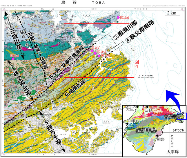 鳥羽図幅中に示された地質帯区分の図