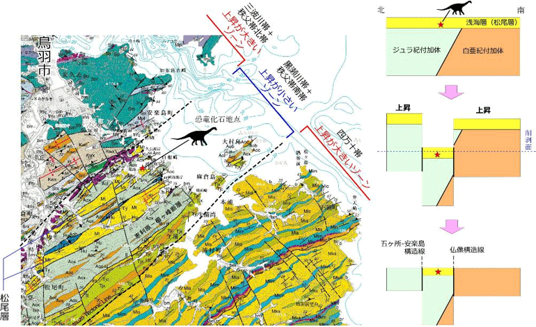 恐竜化石が発見された地点周辺の地質分布（左）と地殻変動を復元したモデル（右）の図