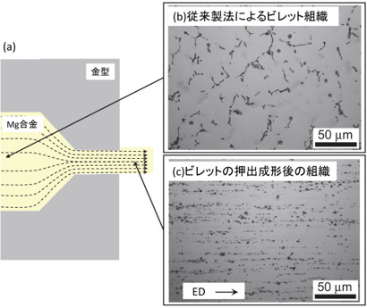 （a）押出成形の模式図（b）従来製法によるビレット組織（c）ビレットの押出成形後の組織の図