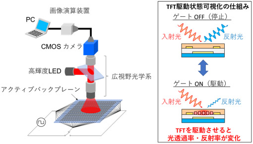 ゲート変調イメージング装置の概略と、TFTの駆動状態を可視化する仕組みの図