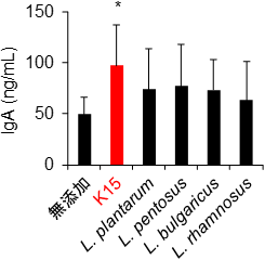 各種乳酸菌によるヒト末梢血単核細胞からのIgA産生誘導（L. : Lactobacillus）の図