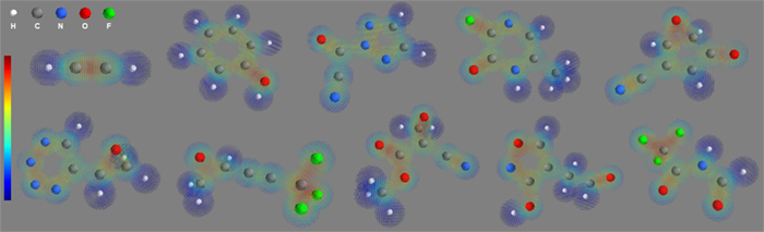 開発した深層学習技術によって推定された化合物の電子密度の図
