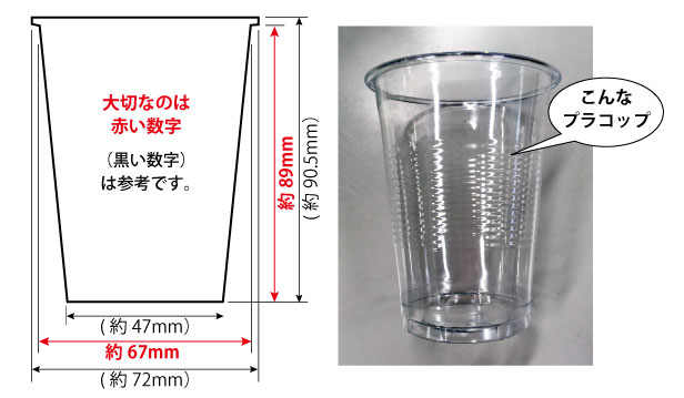 カップの例（おすすめサイズは高さ約89mmカップのふちの内径が約67mm）