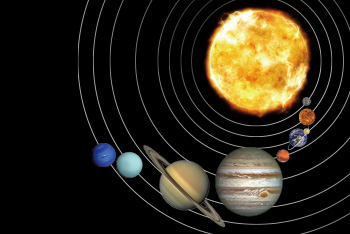 太陽を中心に地球や惑星がまわるイメージ図