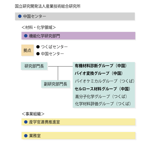 組織図（研究推進組織として機能化学研究部門の研究部門長、有機材料診断グループ、バイオ変換グループ、セルロース材料グループが、事業組織として産学官連携推進室、業務室が配置されています。）