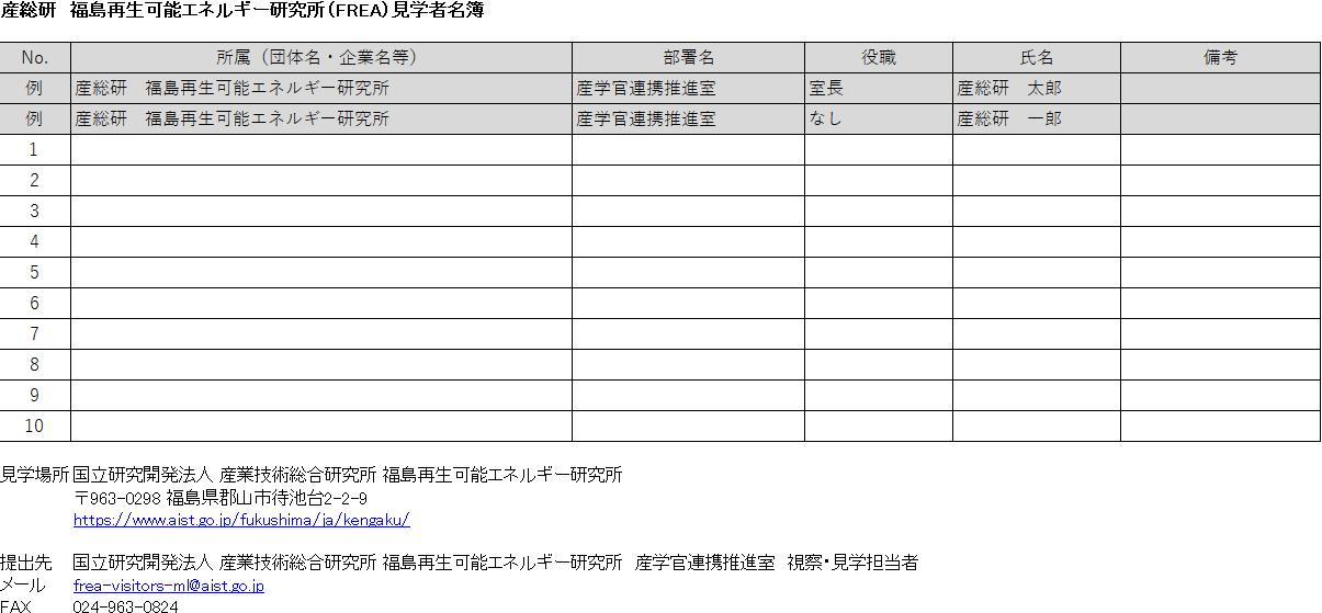 福島再生可能エネルギー研究所　視察・見学　参加者名簿（Excel：22KB）