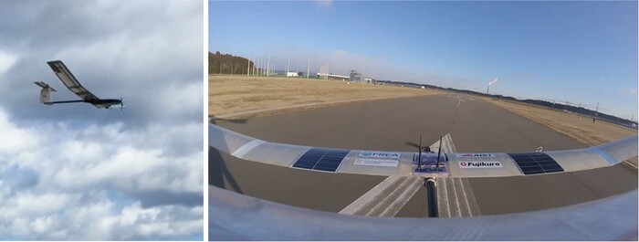 固定翼へ搭載した太陽電池モジュールと飛行試験の様子