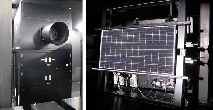 【図5】太陽電池モジュール発電性能評価装置：ソーラシミュレータ（左）と太陽電池モジュール設置ステージ（右）
