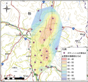山形盆地におけるクローズドループシステムの地中熱ポテンシャルマップ（必要熱交換器長さの分布図）