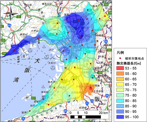 大阪平野におけるクローズドループシステムの地中熱ポテンシャルマップ<br />
（必要熱交換器長さの分布図）