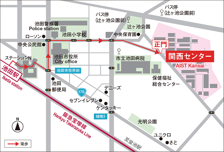 交通案内図（阪急池田駅から市役所、池田小学校前を経て徒歩10分）