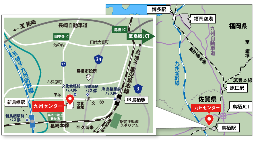 博多駅、福岡空港から九州センターまでの地図