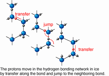 fig1:The protons move in the hydrogen bonding network in ice by transfer along the bond and jump to the neighboring bond.