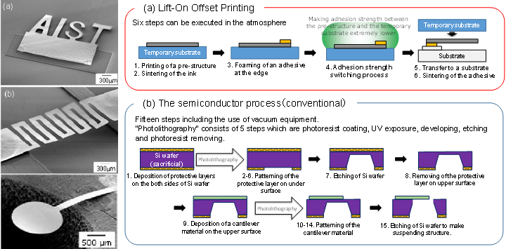 Figure: Photos of cantilevers and other micro structures, and schematics of the processes of cantilever fabrication