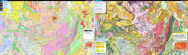 Image:Comparison between the old (left) and new (right) 1:200,000 Seamless Digital Geological Maps of Japan (Example shows the Chubu region)