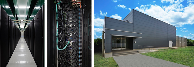 Figure: Left: A section of the ABCI computing node rack; Center: Part of the cooling system; Right: The AI Data Center