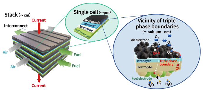 figure:Structure of a solid oxide fuel cell (SOFC) cell stack and single cell