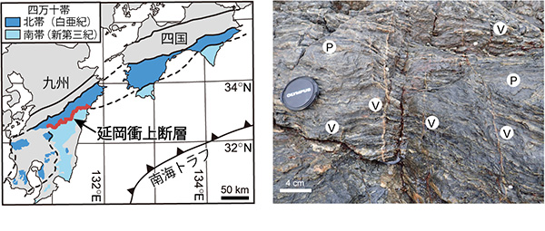 延岡衝上断層の地図と延岡衝上断層に残る石英脈の写真