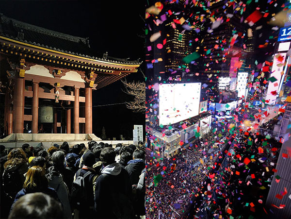 日本の除夜の鐘とニューヨークのニューイヤーのカウントダウンの様子を写した写真