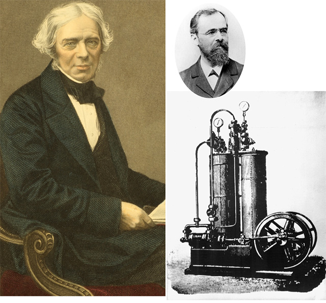 「蒸気圧縮」の原理を発見したファラデー（左）とアンモニアを冷媒とした冷蔵庫の写真
