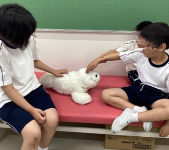 PAROで児童の心のケアをする様子の写真