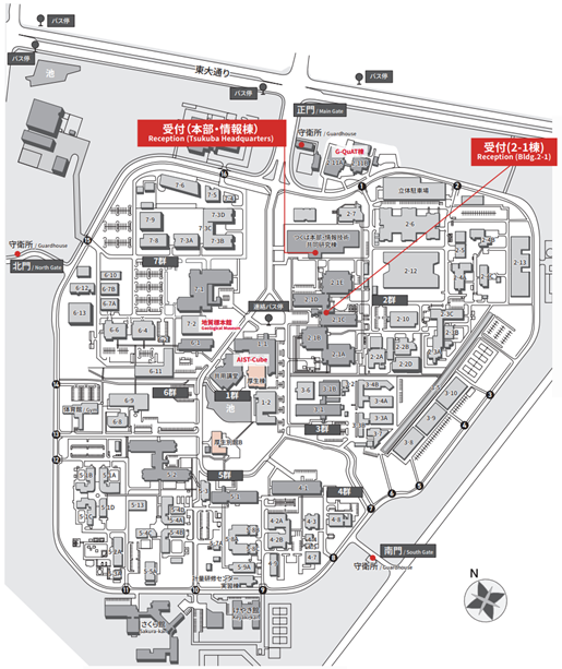 産総研つくばセンター中央事業所の受付場所の地図。本部・情報棟と2-1棟の2か所となる。