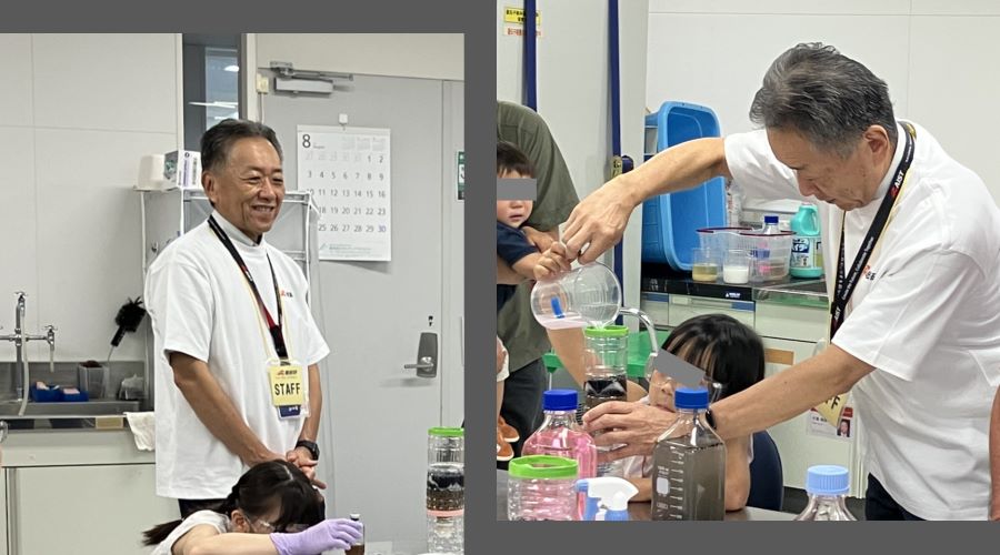 会場で子供たちを見守り、ともに実験する様子