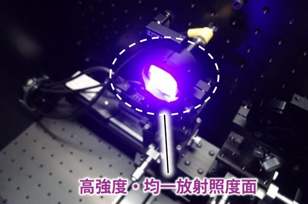 紫色を帯びた白色発光部品を指して、「高強度・均一放射照度面画」のコメントを付けた画像