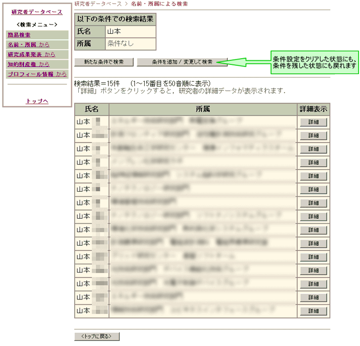 研究者のリストの検索画像