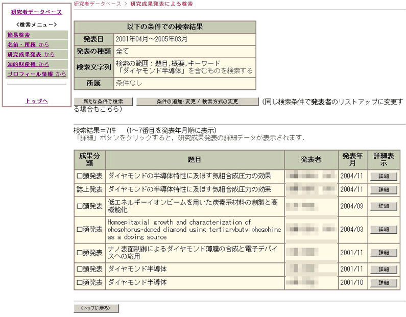 研究成果発表のリストの検索画像